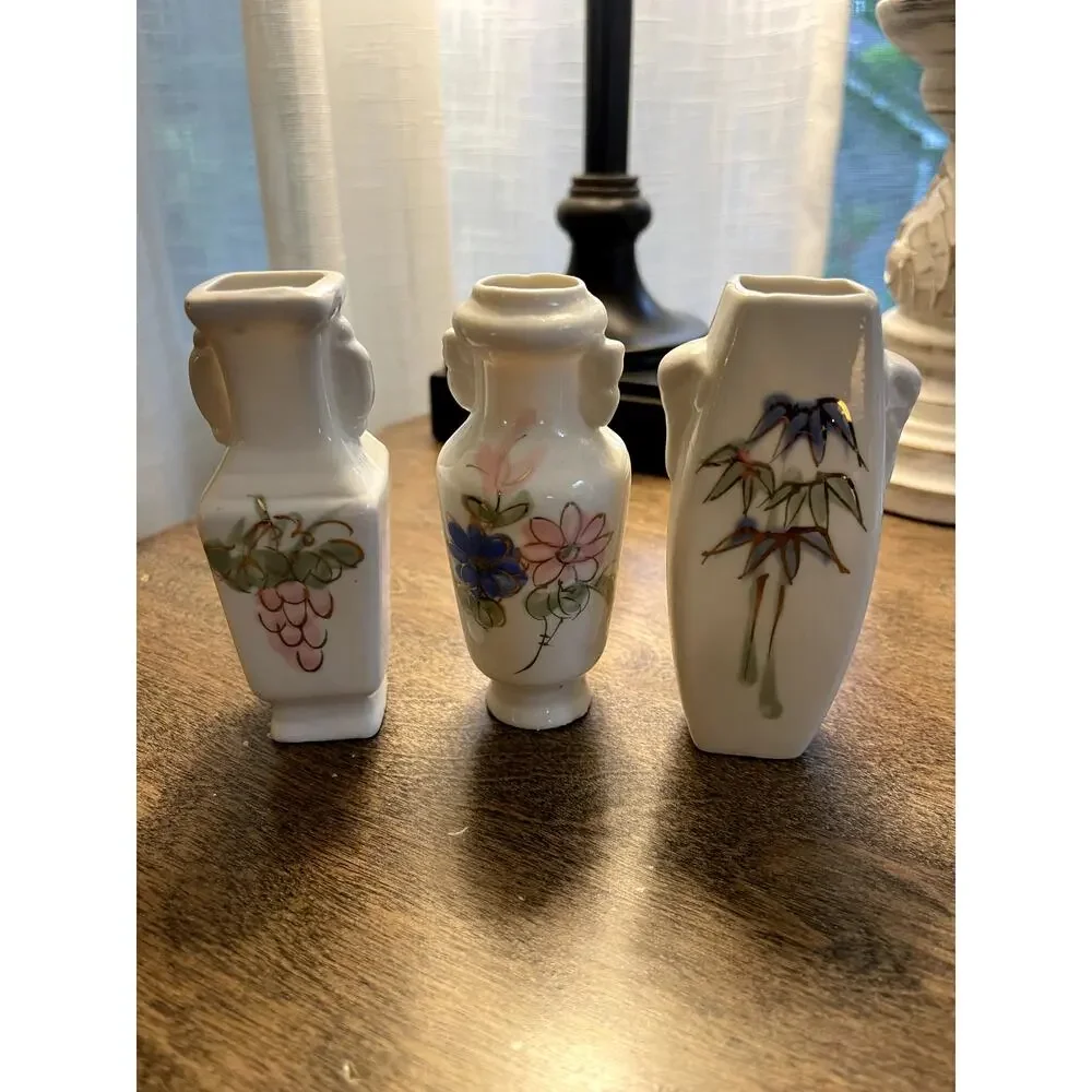 Vintage Miniature Porcelain Bud Vases Set of 3 Hand Painted Floral Bamboo Grapes